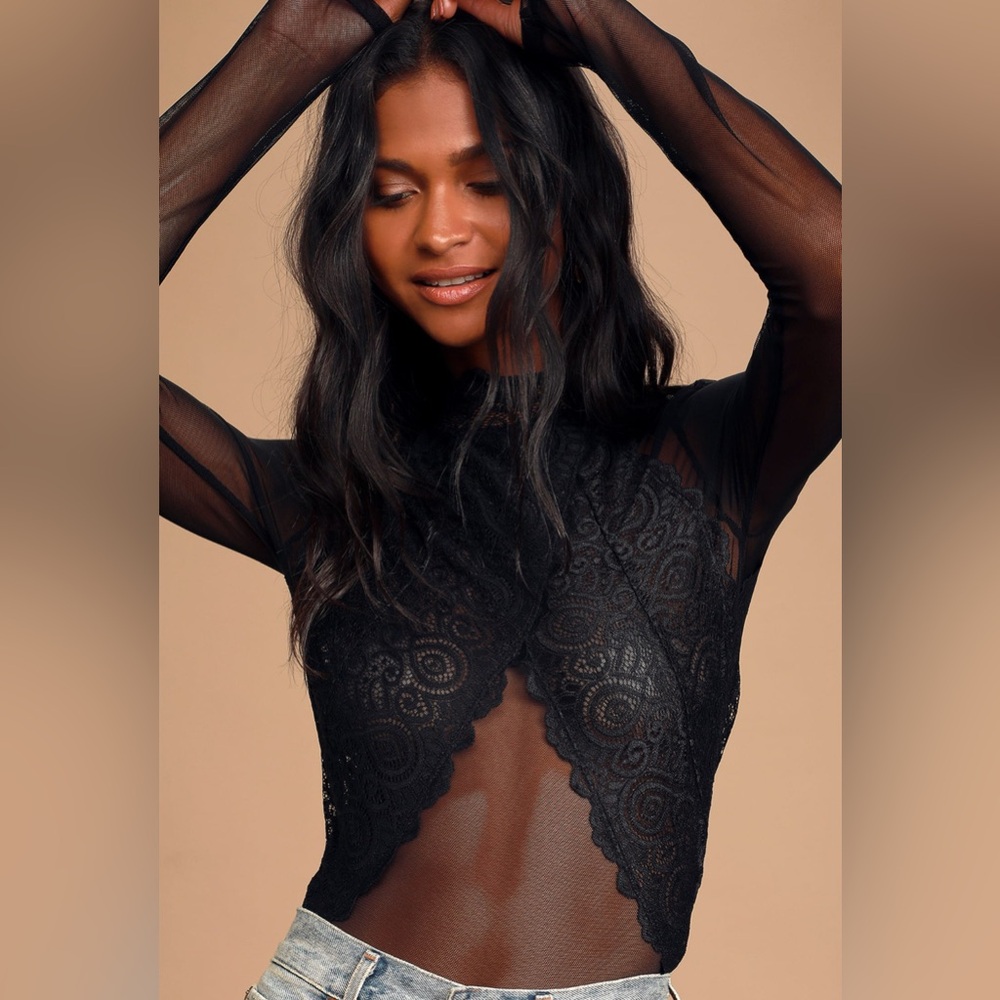 Lulus Show Stopping Black Sheer Lace Long Sleeve Bodysuit